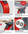 Ultra Heavy Duty 4 Inch Caster Wheels Set Of 4 Tough As Nails Polyurethane On Cast Iron For Smooth Rolling Industrial Carts And Workbenches With Brakes, showcasing swivel plate and double ball bearing.