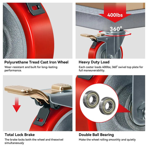Ultra Heavy Duty 4 Inch Caster Wheels Set Of 4 Tough As Nails Polyurethane On Cast Iron For Smooth Rolling Industrial Carts And Workbenches With Brakes, showcasing swivel plate and double ball bearing.