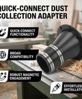 Quick Connect Magnetic Dust Collector Adapter for Woodworking Tools, 2.5 Inch Hose Coupler, black rubber collar, setup for collection.