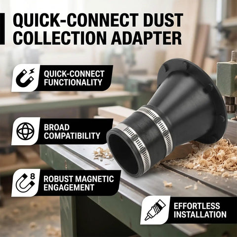 Quick Connect Magnetic Dust Collector Adapter for Woodworking Tools, 2.5 Inch Hose Coupler, black rubber collar, setup for collection.