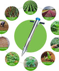Semi Automatic Garden Transplanter Seedling Tool with single handle, surrounded by vegetable and seedling images showing usage.