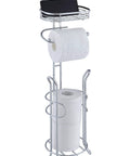 Free Standing Chrome Toilet Paper Holder With Reserve Shelf And Storage Basket holding three mega rolls.
