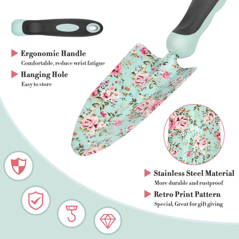 Floral pattern garden trowel from 11 Piece Floral Garden Tool Set With Non Slip Handles Heavy Duty Hand Tools Kit Includes Tote Gloves Knee Pad Sprayer And Towel Sweet Gift For Women Moms Birthday