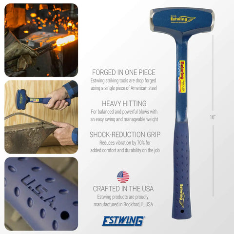 Big Blue 4 Pound Drilling Hammer With Long Handle Built Like a Tank Forged Steel Construction Shock Reduction Grip Made in USA