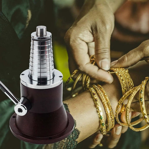 Precision Bangle Stretcher And Ring Sizer Mandrel for expanding tight bands, shown in use with hands and gold bangles.
