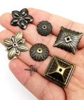 Top Shelf Heavy Duty Antique Bronze Upholstery Tack Nails 300 Pack 18mm Decorative Brass Studs For Furniture Refresh And Diy Projects, assorted designs in hand.