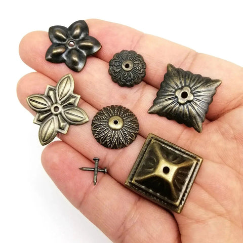 Top Shelf Heavy Duty Antique Bronze Upholstery Tack Nails 300 Pack 18mm Decorative Brass Studs For Furniture Refresh And Diy Projects, assorted designs in hand.