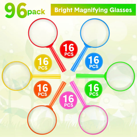 Colorful 48 Pack 5 Inch Kids Magnifying Glass Set, 5X Hand Lenses for Science Class in six colors with acrylic frame