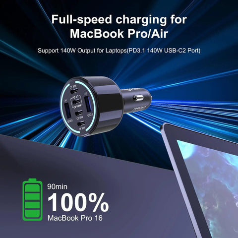 Straight Fire 300W Usb C Car Charger With Six Ports Smart Pd 3 1 Fast Charging Adapter showing 140W charging for laptops.