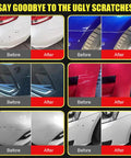 Before and after images of car scratches repaired using BMW Black Sapphire Metallic 475 Touch Up Paint Kit 2 In 1 Scratch Remover.
