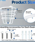 White Fire Sprinkler Head Guard Cover Protector Cage For 1/2 And 3/4 Inch Ceiling And Wall Pendent Heads Boasting A No Brainer Fit And Serious Bulletproof Shielding with size details and mounting accessories.