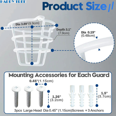 White Fire Sprinkler Head Guard Cover Protector Cage For 1/2 And 3/4 Inch Ceiling And Wall Pendent Heads Boasting A No Brainer Fit And Serious Bulletproof Shielding with size details and mounting accessories.