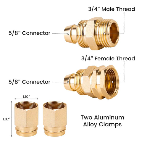 Two Pack Five Eighth Inch Garden Hose Repair Connector Set With Aluminum Male And Female Ends showcasing 5/8 inch connectors.