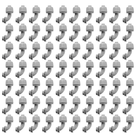60 pack of grey Half Inch Liquid Tight PVC Conduit Connector 90 Degree Non Metallic NPT Fittings displayed in rows.