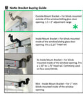 Buying guide showing outside mount bracket for blinds with clip-on design and adjustment range, suitable for curtain rod installation.