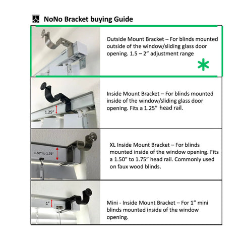 Buying guide showing outside mount bracket for blinds with clip-on design and adjustment range, suitable for curtain rod installation.