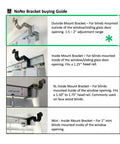 Buying guide for four types of No Drill Curtain Rod Bracket, including outside mount, inside mounts, and mini mounts.