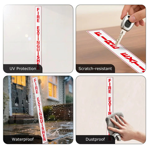 Five Pack Fire Extinguisher Signs 20x2 Inches Self Adhesive Waterproof Vinyl Decals showing UV, scratch, water, and dust resistance
