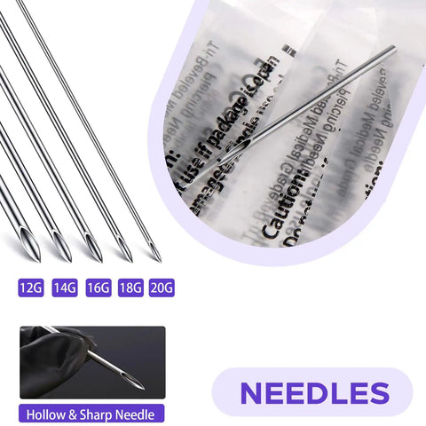 Complete Piercing Kit With 25 Needle Pack From 12G To 20G, Dual Clamps, 6 Pairs Disposable Gloves, 10 Pads And Positioning Marker Pen For Safe Pro Grade Piercing Sessions For Pros And DIYers. 12G–20G hollow stainless steel piercing needles