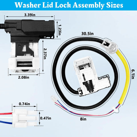 Washing Machine Lid Lock Replacement Assembly Compatible With Major Front Load Washers, detailed view with dimensions.