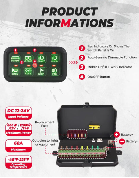8 Gang Switch Panel With Enhanced Sensitivity, LED Touch Control, Waterproof 12 24V, panel features with indicators displayed
