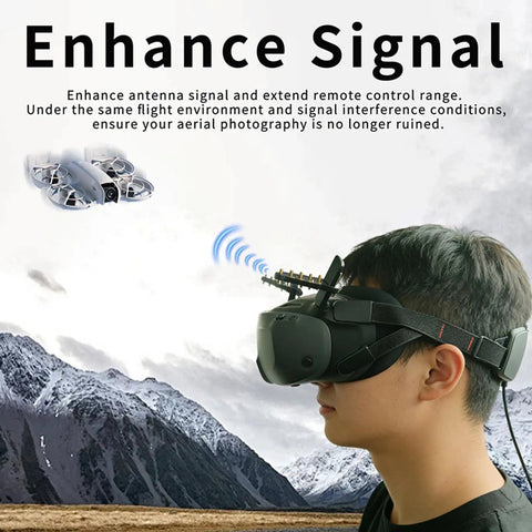 Person wearing FPV goggles with 2 Pack Yagi Antenna Signal Booster For FPV Goggles And Drones Amp Up Your Range And Signal Reception.