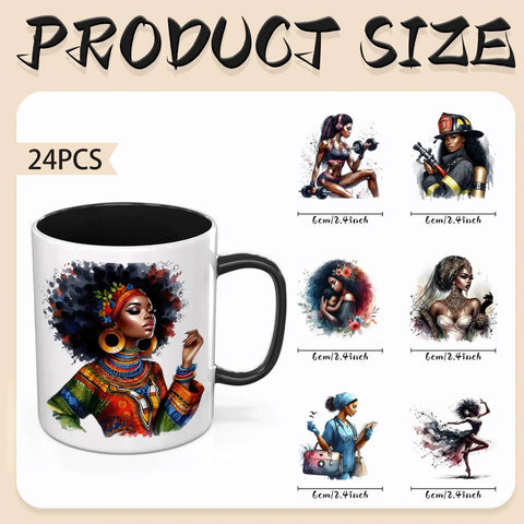 UV DTF Cup Wrap Set 24 Sheets For Mugs And Glasses Do It Yourself Transfer Paper High Viscosity With Vivid 3D Color Pop Look 6cm By 2.4 Inch Sized Ready To Press No Heat Press Required showing mug designs