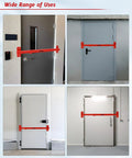Heavy Duty Adjustable Door Security Bar for Outswing Doors 32 to 42 Inches installed on various doors, red bar visible