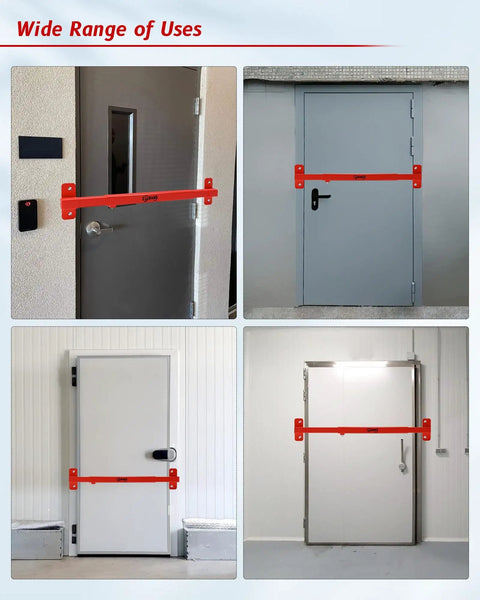 Heavy Duty Adjustable Door Security Bar for Outswing Doors 32 to 42 Inches installed on various doors, red bar visible