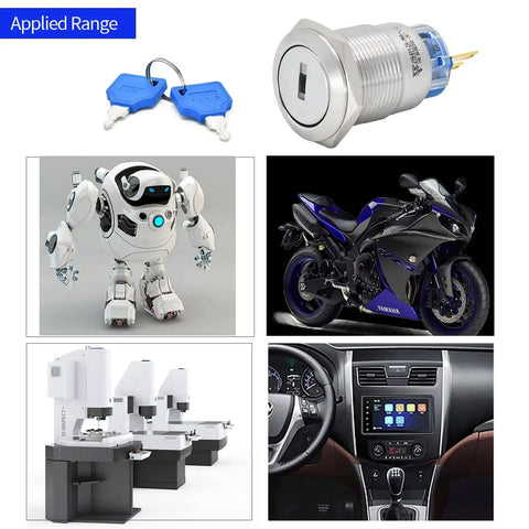 Three Quarter Inch Key Switch With Metal Locking Housing UL Listed SPDT Two Position shown with applications in robotics, automotive, and testing equipment.