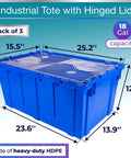 Rock Solid Heavy Duty 18 Gallon Plastic Tote With Handy Hinged Flip Lids Stackable Warehouse Storage Bins Pack Of Three, showing dimensions.
