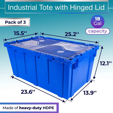Rock Solid Heavy Duty 18 Gallon Plastic Tote With Handy Hinged Flip Lids Stackable Warehouse Storage Bins Pack Of Three, showing dimensions.