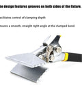 Close-up of manual metal sheet bending tool pliers, chromium vanadium steel, switch locking mechanism, pro elbow handle.