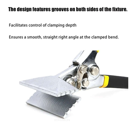 Close-up of manual metal sheet bending tool pliers, chromium vanadium steel, switch locking mechanism, pro elbow handle.