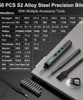 Handy Mini Electric Screwdriver Kit With 50 Precision Bits And 5 Torque Settings Durable USB Rechargeable Power Tool displayed with laptop and accessories.