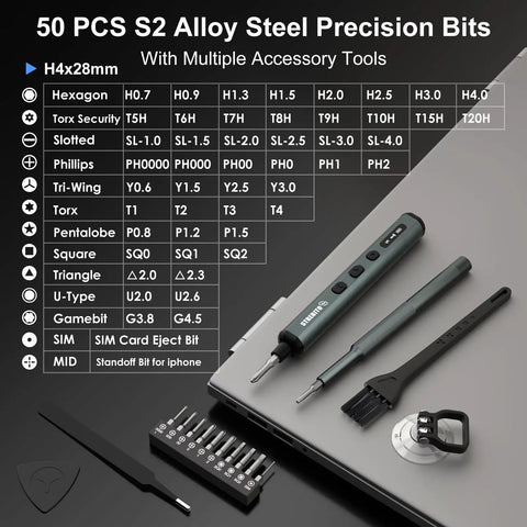 Handy Mini Electric Screwdriver Kit With 50 Precision Bits And 5 Torque Settings Durable USB Rechargeable Power Tool displayed with laptop and accessories.