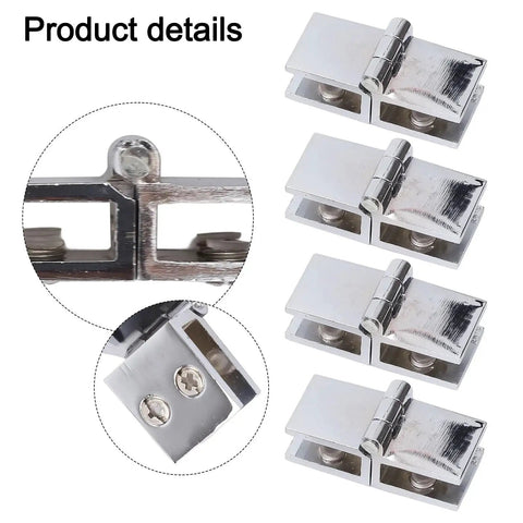 4 Pack Double Sided Glass Door Clamp Hinges 5mm To 8mm Fits Heavy Duty Shower Doors With 180 Degree Swing Premium Stainless Steel Construction Rock Solid Durable Glass Door Hardware For Smooth Quiet Operation, four clamps shown