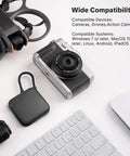 CreateMate Mini SD Card Reader Case With 6-Slot Storage and camera, drone, keyboard, showcasing compatibility features.