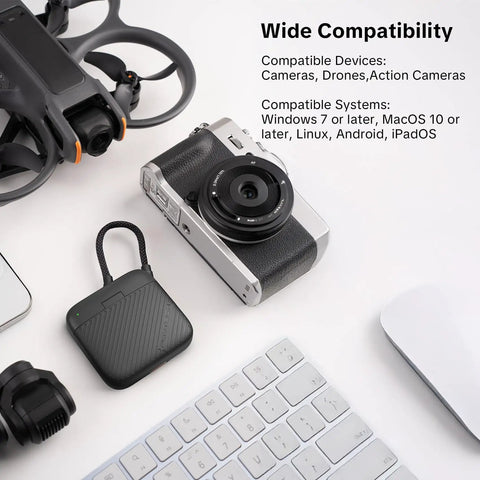 CreateMate Mini SD Card Reader Case With 6-Slot Storage and camera, drone, keyboard, showcasing compatibility features.