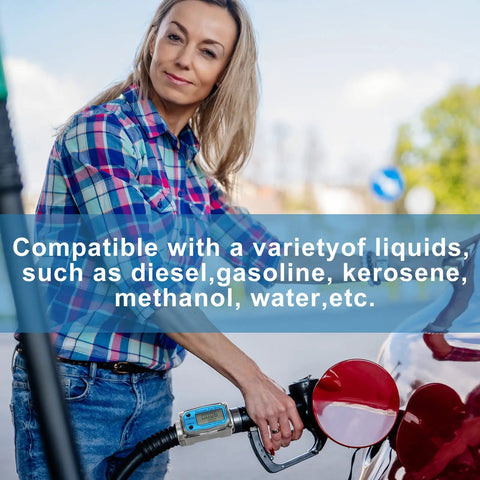 Person using Two Pack Digital Turbine Flow Meters For Fuel And Water With Digital Display One Inch One Percent Accuracy Measures 2.5 To 26 GPM
