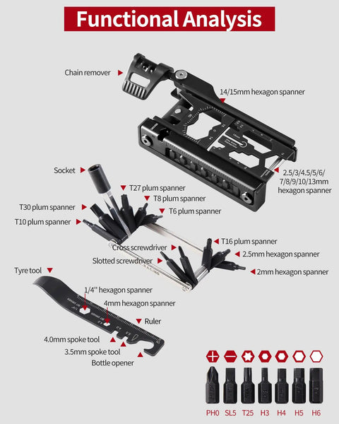 Image of 38 In 1 Bike Repair Kit With Chain Levers Hex Spoke Wrench Crank Puller And Splitter Tool Portable Cycling Toolbox showcasing diverse tools.