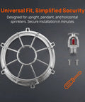Built Like A Truck Fire Sprinkler Guard Screw Type Cage Cover Replacement For Upright Pendant And Horizontal Heads Knockout Impact Protector For Busy Home Office Or Hotel Basement, silver steel cage with sprinkler and screws.