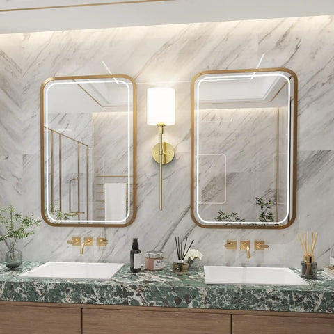 Brass Wall Sconce Set Of 2 With White Fabric Shades Sleek Modern Vanity Lights For Bathroom Bedroom Hallway Kitchen Anti Rust Gold Finish Wall Mount Fixtures Bulbs Not Included installed by vanity