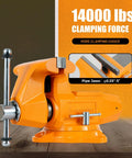 Heavy Duty 6 Inch Bench Vise With 7 Inch Jaw Opening And 360 Degree Swivel Base, Rock Solid Ductile Iron Construction, bright orange finish.