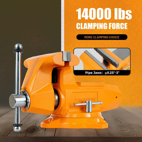 Heavy Duty 6 Inch Bench Vise With 7 Inch Jaw Opening And 360 Degree Swivel Base, Rock Solid Ductile Iron Construction, bright orange finish.