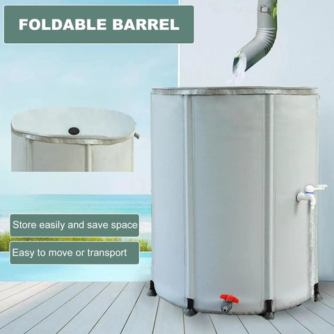 250L Portable Rainwater Collection Barrel With Stand And Tap For Garden shown with water flow and foldable design