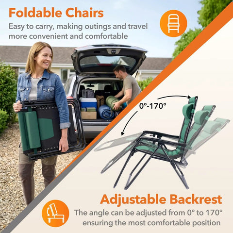 Oversized Padded Zero Gravity Chair With Cup Holder Foldable Patio Lounge Recliner For Yard Camping And Outdoor Use Black And Green Built For Durability And Comfort With Easy Fold And Carry shown being carried and adjusted
