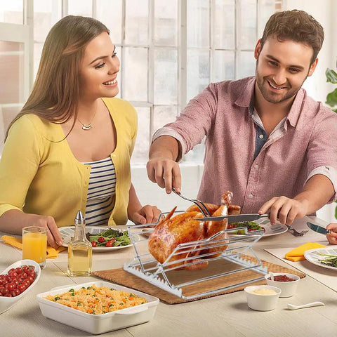 People enjoying a meal with turkey on Adjustable Chicken and Turkey Roasting Rack With Foldable Stainless Steel V Shaped Stand