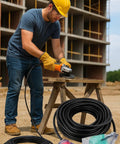 Worker using Heavy Duty 200 Ft Outdoor Extension Cord With 14 Gauge 3-Conductor SJTW, Lighted End And Triple Outlet on job site