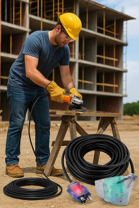 Worker using Heavy Duty 200 Ft Outdoor Extension Cord With 14 Gauge 3-Conductor SJTW, Lighted End And Triple Outlet on job site